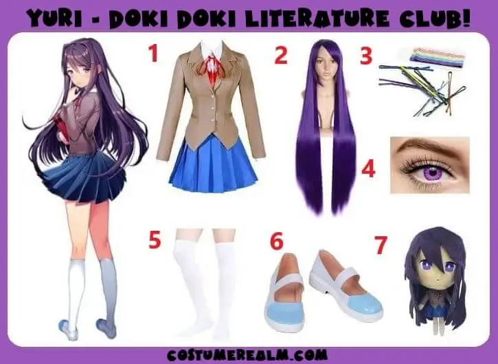 Yuri Doki Doki Literature Club cosplay guide 7 items school uniform purple wig contacts thigh highs and cosplay shoes