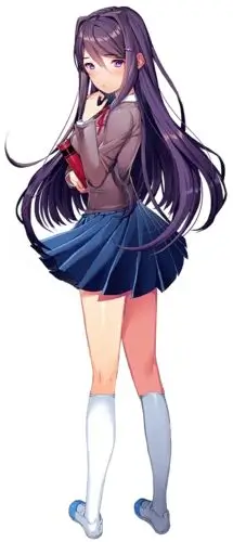 Yuri Doki Doki Literature Club cosplay full body back reference showing long dark purple wig length and uniform back detail