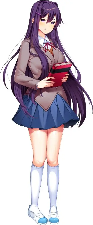 Yuri Doki Doki Literature Club cosplay full body front reference showing school uniform long purple wig and character details