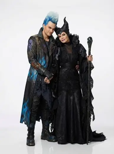 Hades and Maleficent from Disney's Descendants, showing the visual contrast between Hades' blue mohawk punk rock look and Maleficent's dark sorcerer aesthetic for a couples Halloween costume pairing