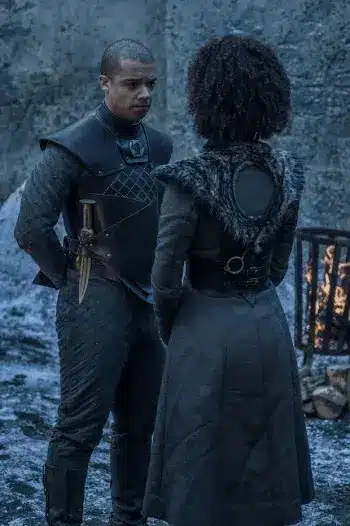 Missandei and Grey Worm in Game of Thrones showing their relationship dynamic for couples Halloween costume planning