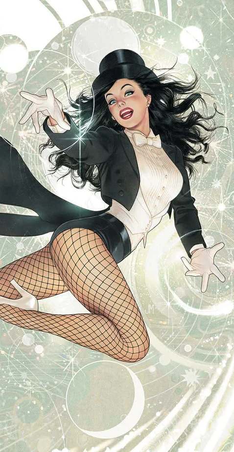 Zatanna cosplay reference showing the complete Halloween costume build with tailcoat, black top hat, white gloves, and over-the-knee boots