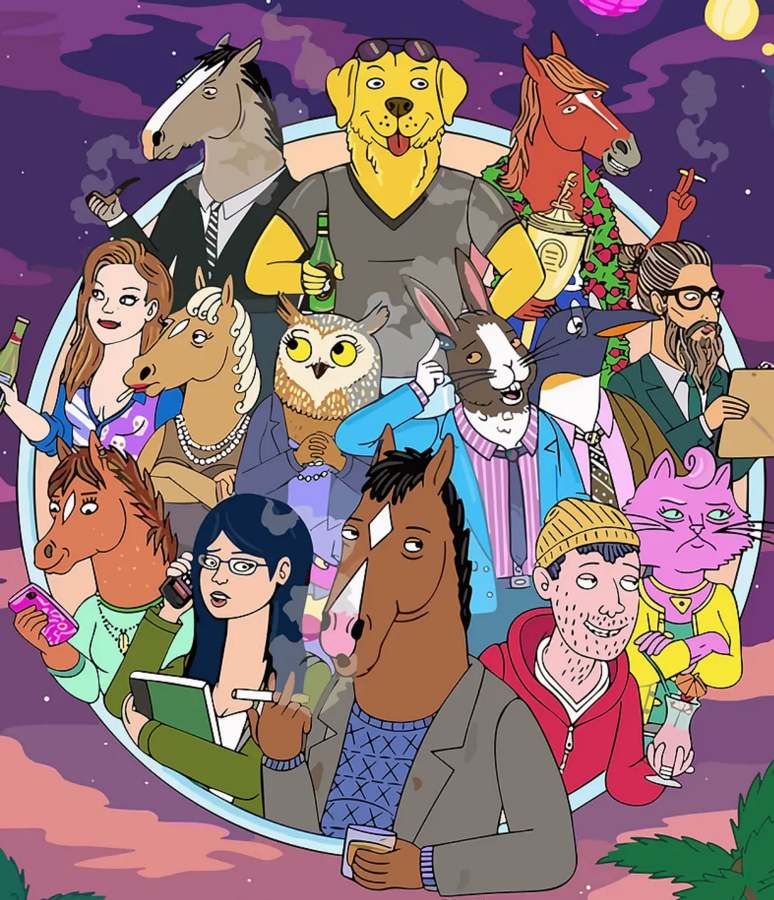 BoJack Horseman main cast including Sarah Lynn, BoJack, Todd, Princess Carolyn, and Diane for a group Halloween costume idea