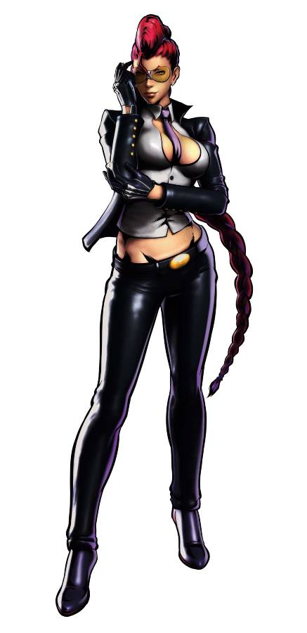 Crimson Viper cosplay reference showing black business suit, red hair, and tinted glasses