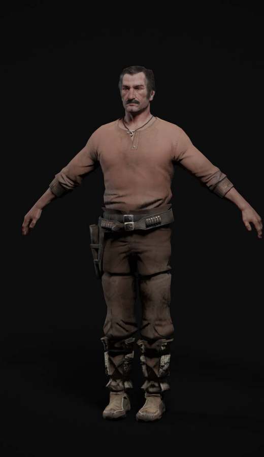 Dutch van der Linde cosplay reference showing the rust henley shirt and fur-wrapped legs from the original Red Dead Redemption look