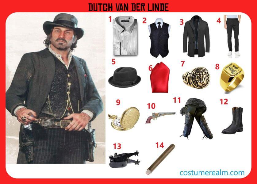 Dutch van der Linde RDR2 cosplay infographic showing striped shirt, vest, grey coat, striped pants, fedora hat, red handkerchief, rings, pocket watch, revolver, holster, boots, spurs, and cigar