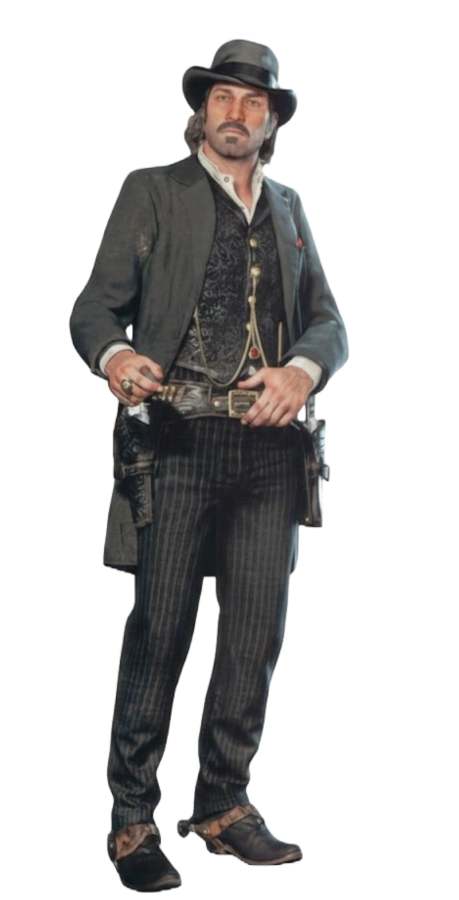 Dutch van der Linde cosplay reference showing the fedora hat, vest, and coat from the RDR2 gang leader look