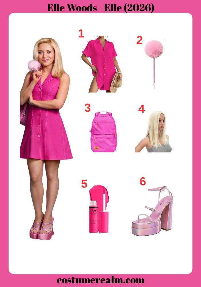 Elle Woods from Elle 2026 Halloween costume infographic showing the hot pink button-up dress, platinum blonde wig, pink backpack, and platform sandals
