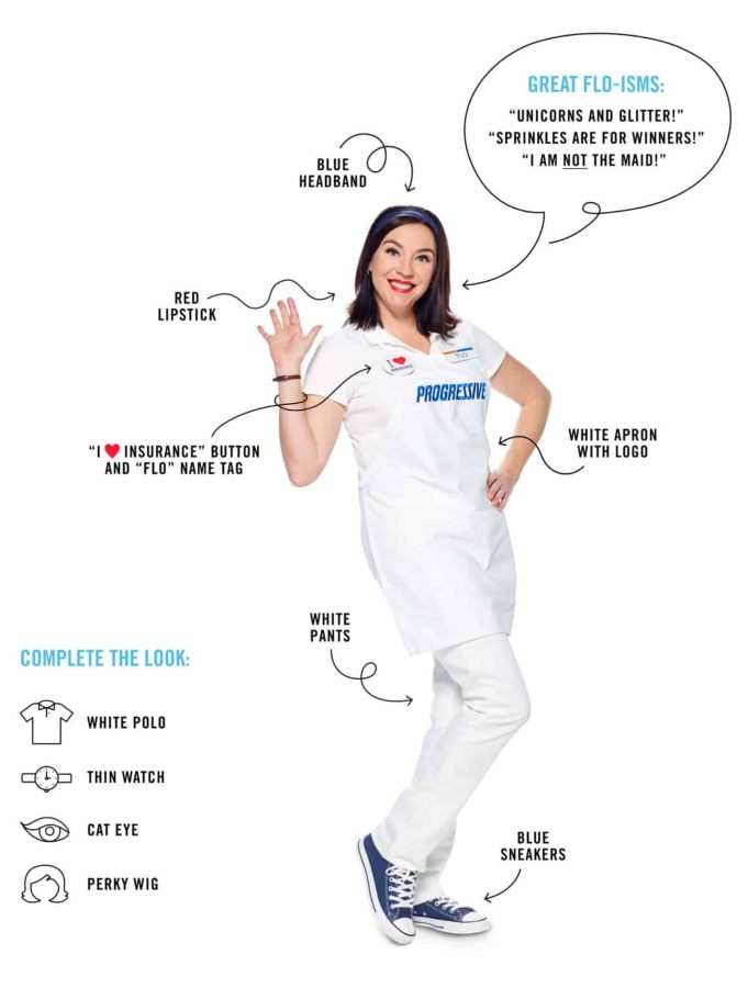 Flo from Progressive cosplay reference showing the white polo, blue Progressive apron, ponytail, and red lipstick