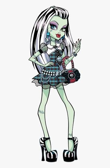 Frankie Stein cosplay reference showing green skin, stitch makeup, and black and white streaked hair from Monster High