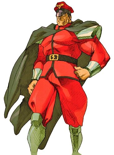 M. Bison cosplay reference showing red military uniform, silver armor, cap, and flowing black cape