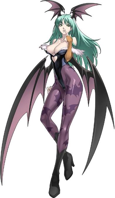 Morrigan Aensland cosplay reference showing bat wings, teal hair, and black bodysuit from Cross Edge