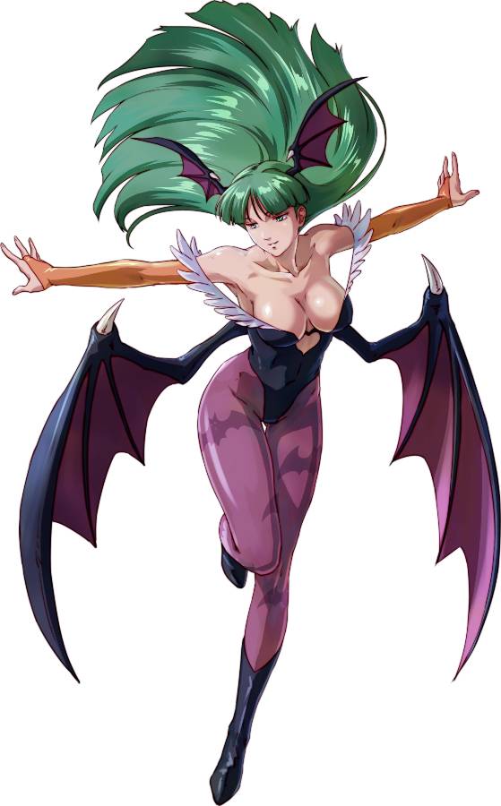 Morrigan Aensland cosplay from Project X Zone with wings, teal wig, and bat-print leggings for a group Halloween idea