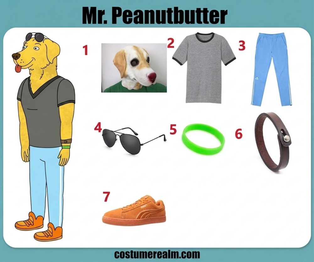 Mr. Peanutbutter from BoJack Horseman Halloween costume infographic showing the golden labrador head mask, gray shirt, light blue pants, and orange sneakers