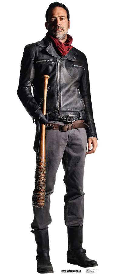 Negan costume reference showing the black leather jacket, red scarf, and Lucille baseball bat from The Walking Dead