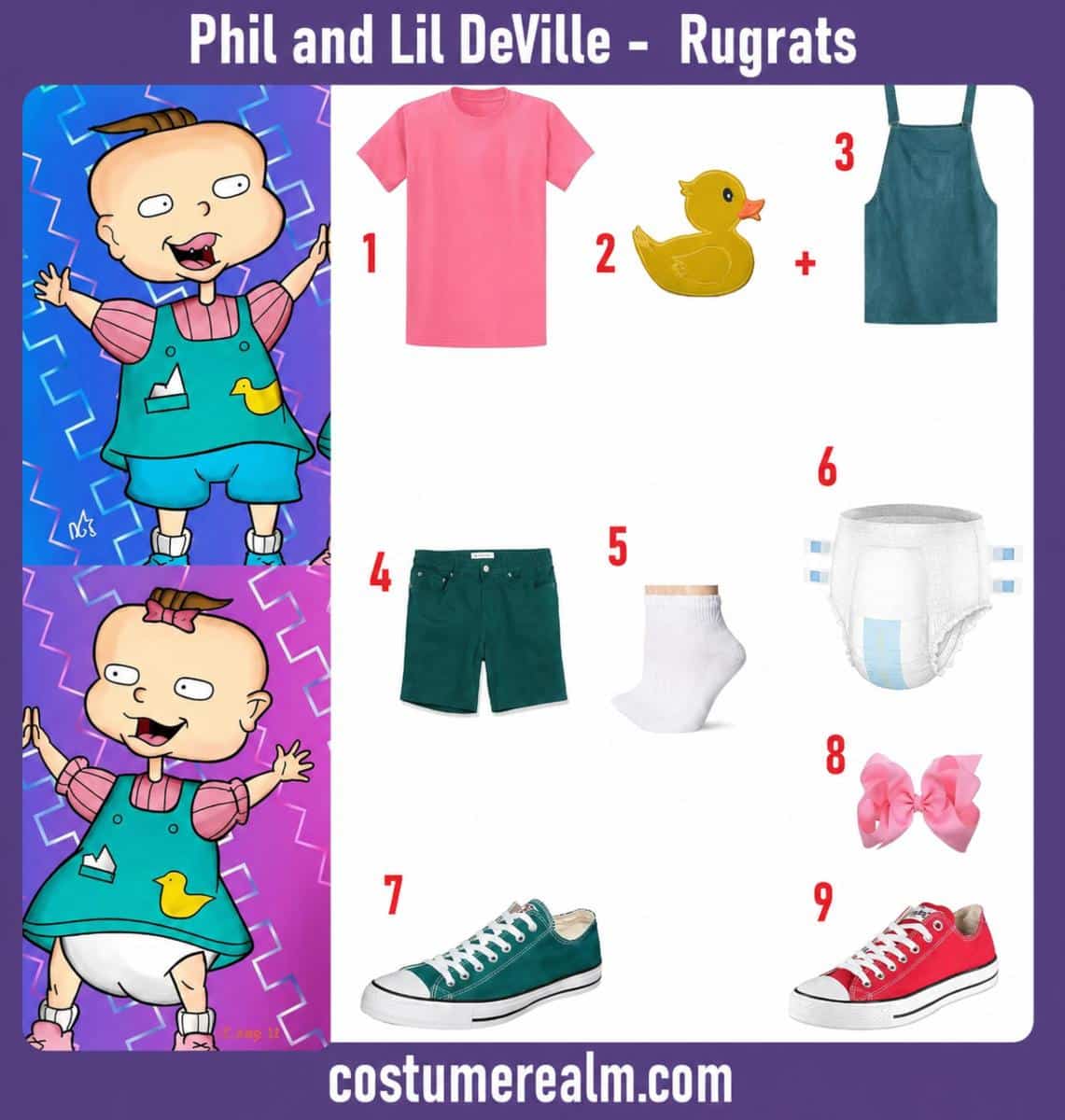 Phil and Lil DeVille from Rugrats Halloween costume infographic showing pink tee, teal overall dress, duck patch, and diaper cover