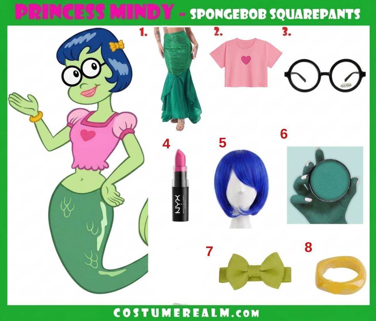 Princess Mindy Halloween costume infographic showing the green mermaid skirt, pink heart crop top, black glasses, and blue bob wig