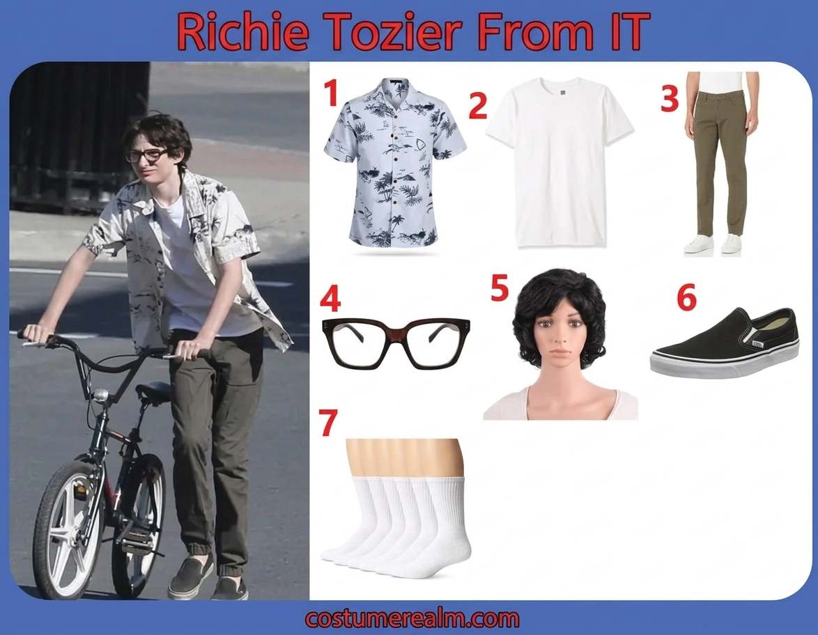 Richie Tozier Halloween costume infographic showing Hawaiian shirt, white t-shirt, twill pants, thick black glasses, curly wig, black sneakers, and white socks