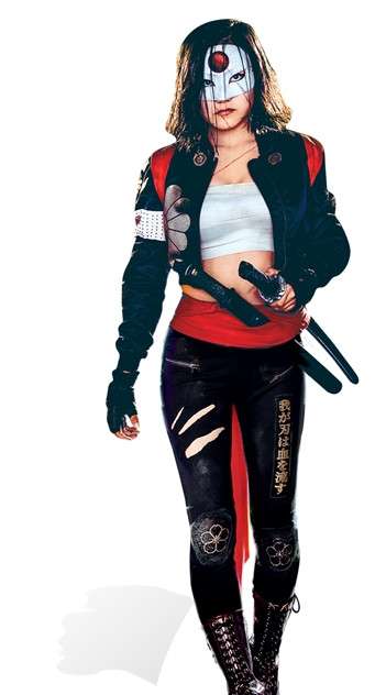 Katana cosplay reference showing the mask, sukajan jacket, and red sash details