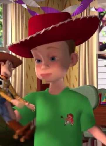 Andy from Toy Story spinning Woody the cowboy toy while wearing a green shirt and red cowboy hat