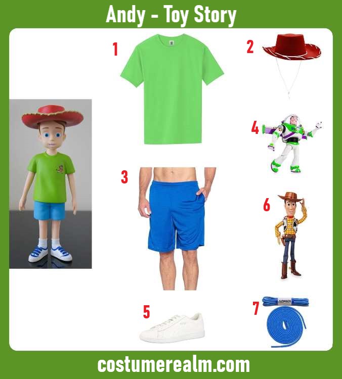 Andy from Toy Story kids costume infographic showing light green tee, red cowboy hat, blue chino pants, Buzz Lightyear talking toy, Woody talking toy, white sneakers, and blue shoe laces