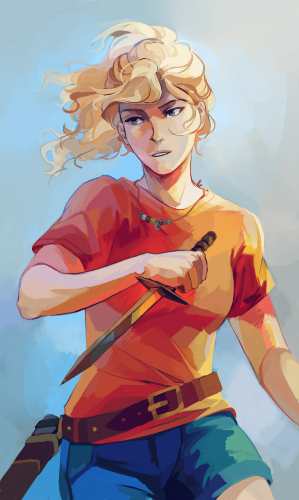 Annabeth Chase Camp Half-Blood Halloween costume reference showing orange t-shirt, blonde wavy wig, and denim shorts