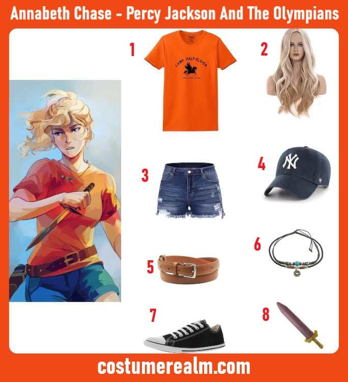 Annabeth Chase Halloween costume infographic showing Camp Half-Blood t-shirt, blonde wavy wig, ripped denim shorts, Yankees cap, brown belt, tribal choker necklace, black sneakers, and foam training knife