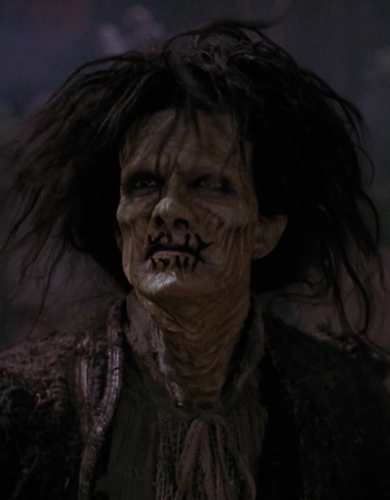 Close up of the Billy Butcherson Halloween costume showing the butcher mask, black wig, and Victorian collar detail