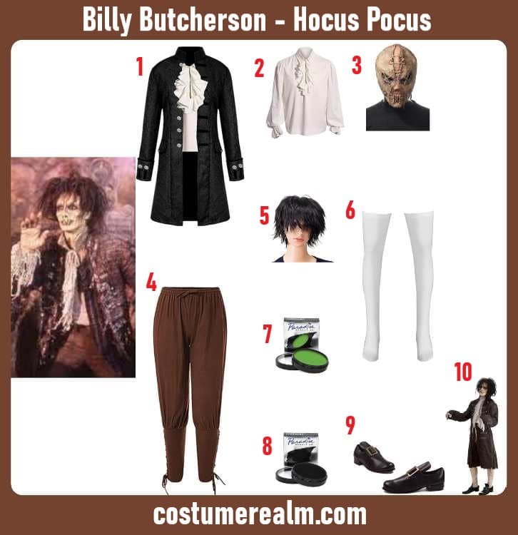 Billy Butcherson Halloween costume infographic showing black tailcoat, Victorian poet shirt, butcher mask, brown pants, black wig, socks, green and black body paint, and pilgrim shoes
