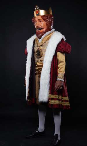 Full Burger King Mascot costume with red robe, crown, and gold doublet, reference image for the Halloween costume
