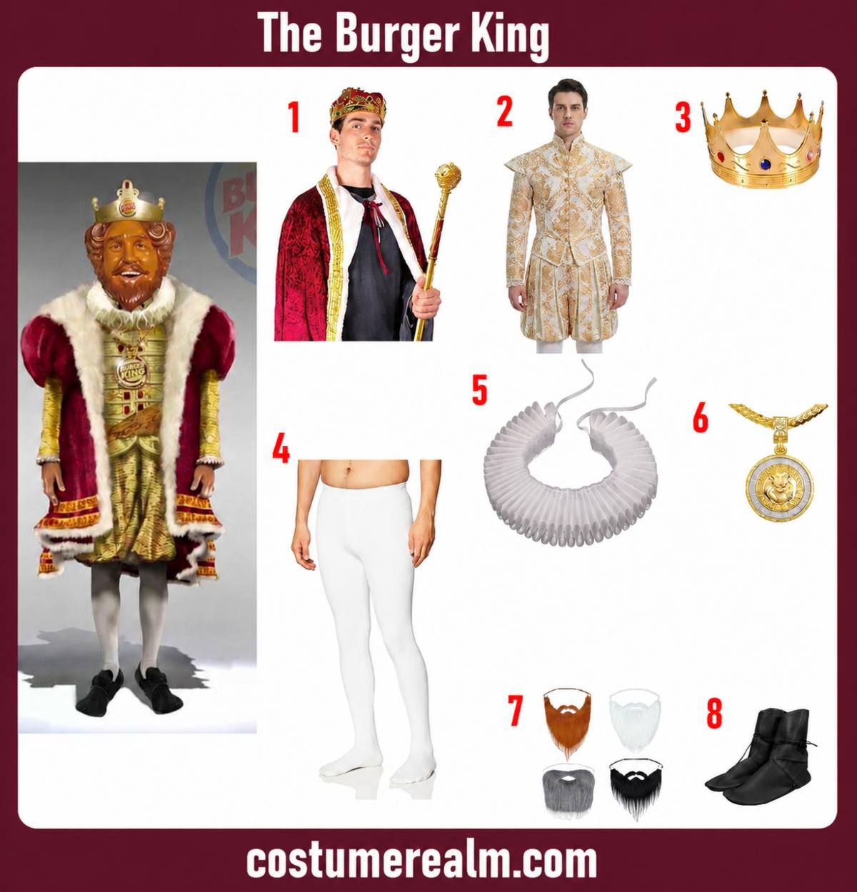 Burger King Mascot Halloween costume infographic showing red robe, gold Renaissance doublet, crown, white tights, ruff collar, lion medallion, fake beard, and medieval shoes