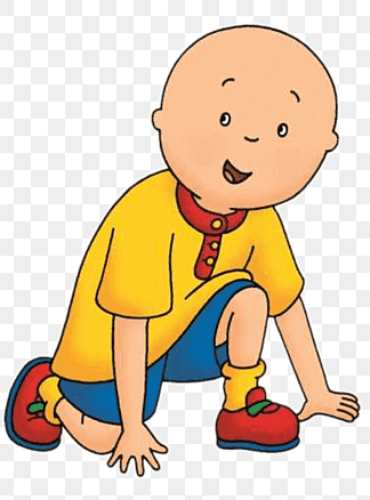 Caillou character reference showing his bald head, yellow shirt with red collar, and blue shorts