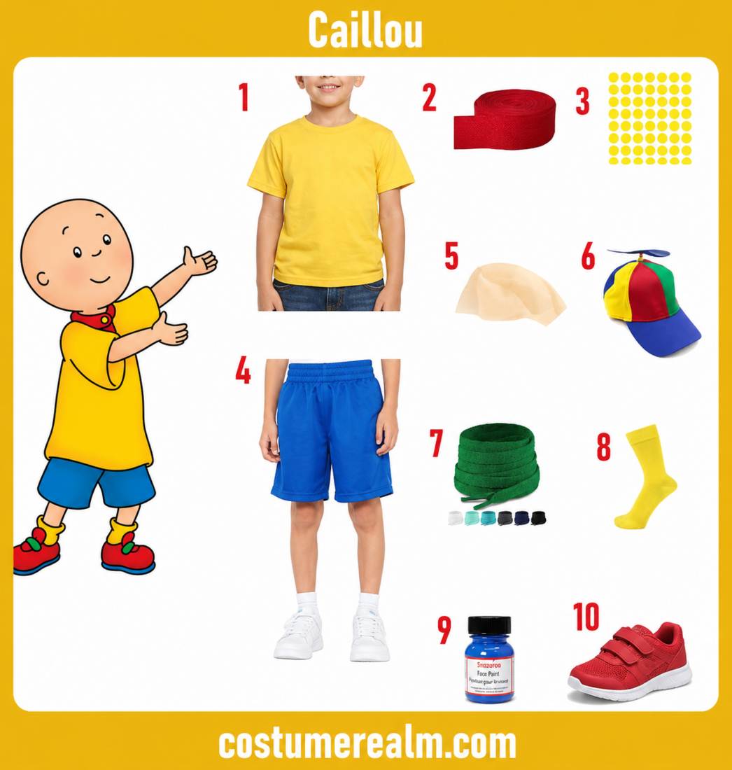 Caillou Halloween costume infographic showing yellow t-shirt, red fabric collar, blue shorts, bald cap, propeller hat, green shoe lace, yellow socks, and red running shoes