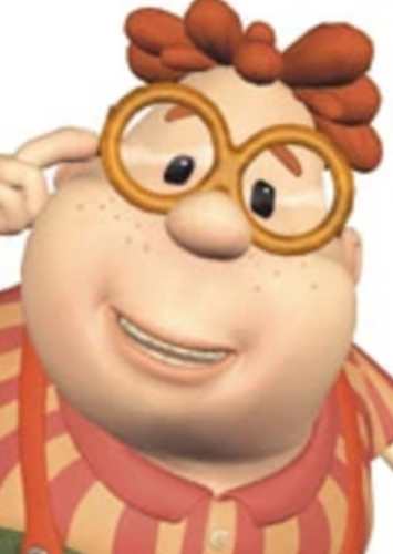 Carl Wheezer 3D model reference showing orange curly hair, round glasses, and striped polo shirt