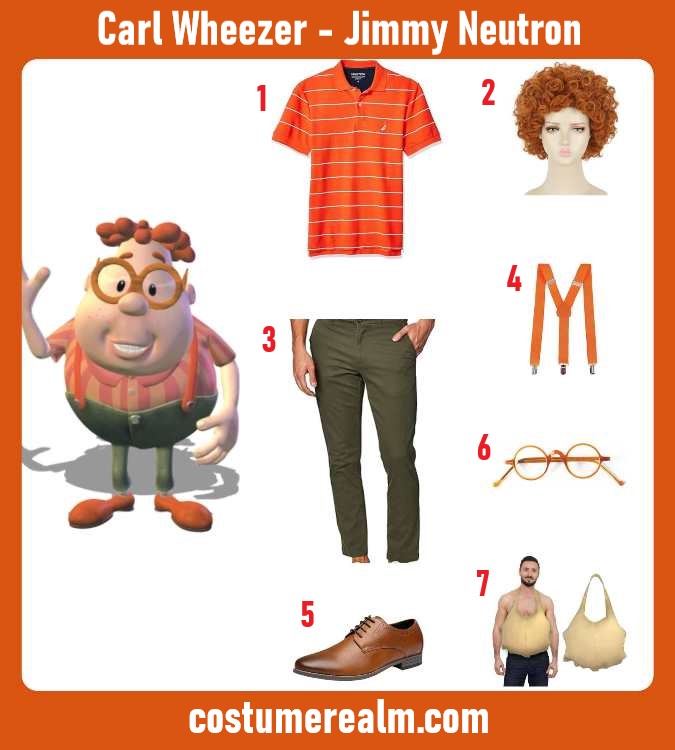 Carl Wheezer from Jimmy Neutron Halloween costume infographic showing orange striped polo, curly wig, green chino pants, suspenders, glasses, and fake belly