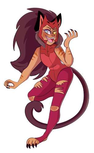 Catra fan art concept reference showing cat ears, yellow eyes, and red corset over burgundy top
