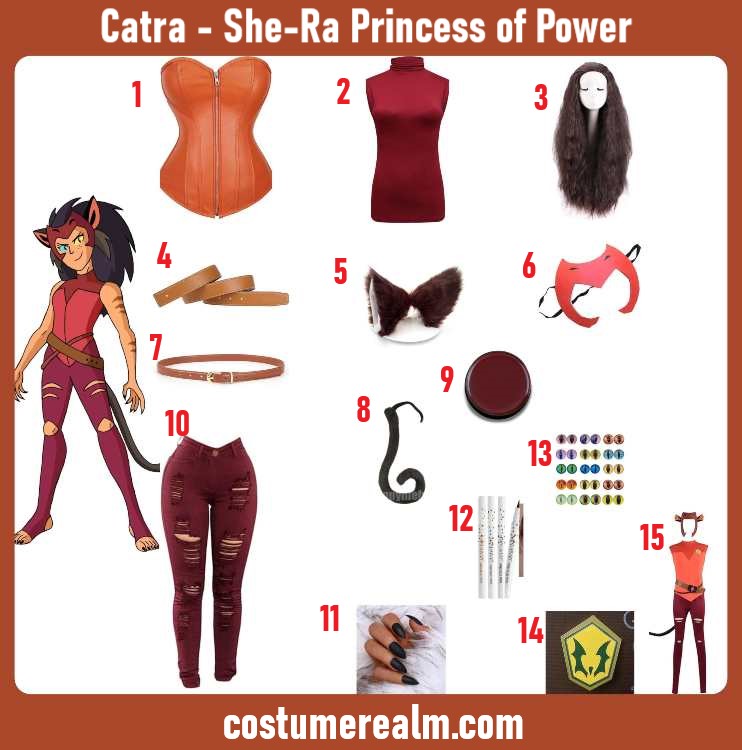 Catra from She-Ra Halloween costume infographic showing red corset, burgundy turtleneck, brown wig, cat ears, tail, claw nails, and ripped pants