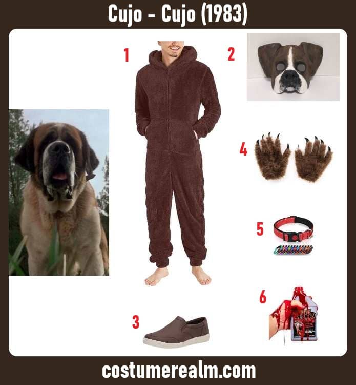 Cujo Halloween costume infographic showing brown plush fleece onesie, dog mask, brown sneakers, paw gloves, red collar, and stage blood