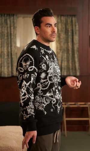David Rose wearing the black lightning bolt sweatshirt from Schitt's Creek, showing the print detail used for the Halloween costume