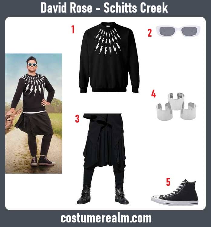 David Rose Halloween costume infographic showing black lightning bolt sweatshirt, white oval sunglasses, drop-crotch pants, silver rings, and black high-top sneakers