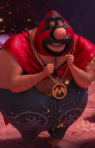 El Macho celebration pose costume reference showing full wrestler build with cape and mask
