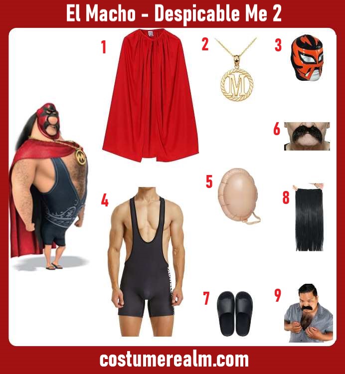 El Macho from Despicable Me 2 Halloween costume infographic showing red cape, gold M necklace, lucha libre mask, wrestling bodysuit, fake belly, and mustache