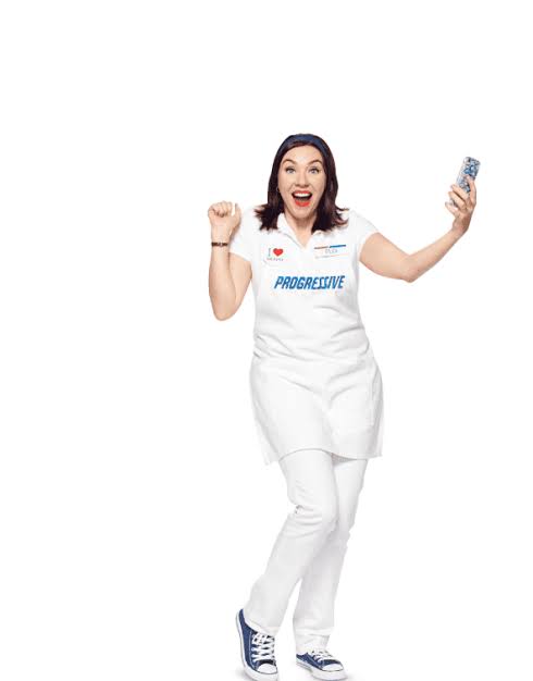 Flo from Progressive Halloween costume reference showing the full white uniform, blue apron, name tag, and red lipstick