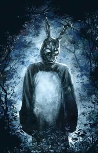 Frank the Rabbit standing in a dark hallway scene from Donnie Darko, reference for the group costume section
