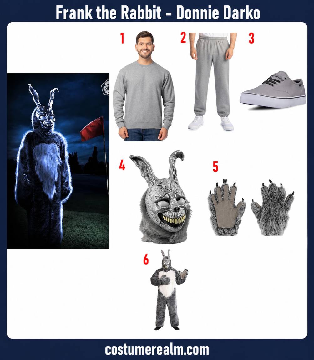 Frank the Rabbit Halloween costume infographic showing grey sweatshirt, sweatpants, sneakers, rabbit mask, monster gloves, and full fur bunny suit