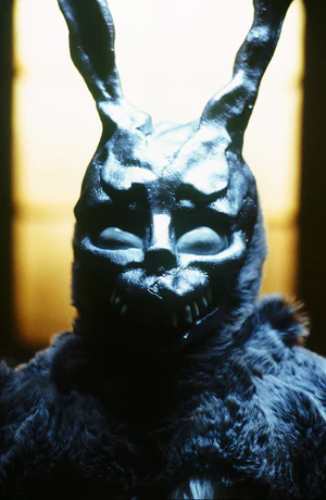 Close-up of the Frank the Rabbit mask from Donnie Darko showing the silver finish and grin used for the Halloween costume