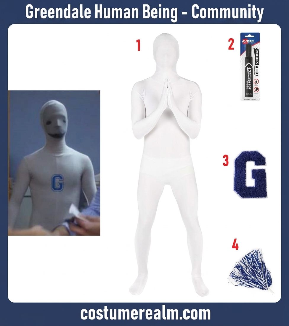Greendale Human Being Halloween costume infographic showing grey bodysuit, black fabric marker, iron on G patch, and blue and white pom poms