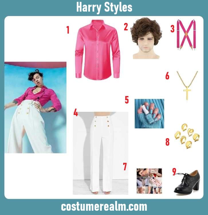 Harry Styles Fine Line era Halloween costume infographic showing hot pink shirt, suspenders, white pants, curly wig, and chunky heels