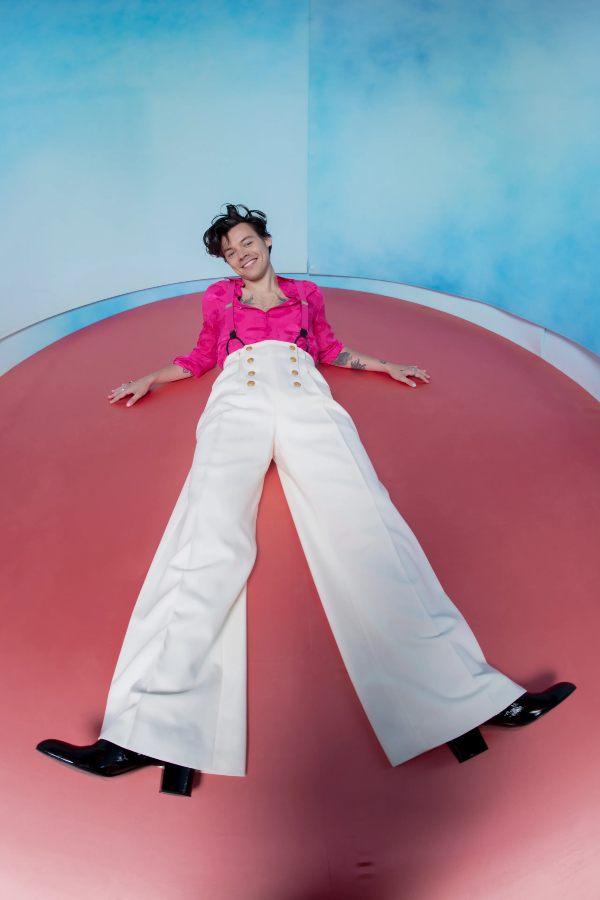 Harry Styles Fine Line era full body reference showing pink shirt, suspenders, and white high-waisted pants