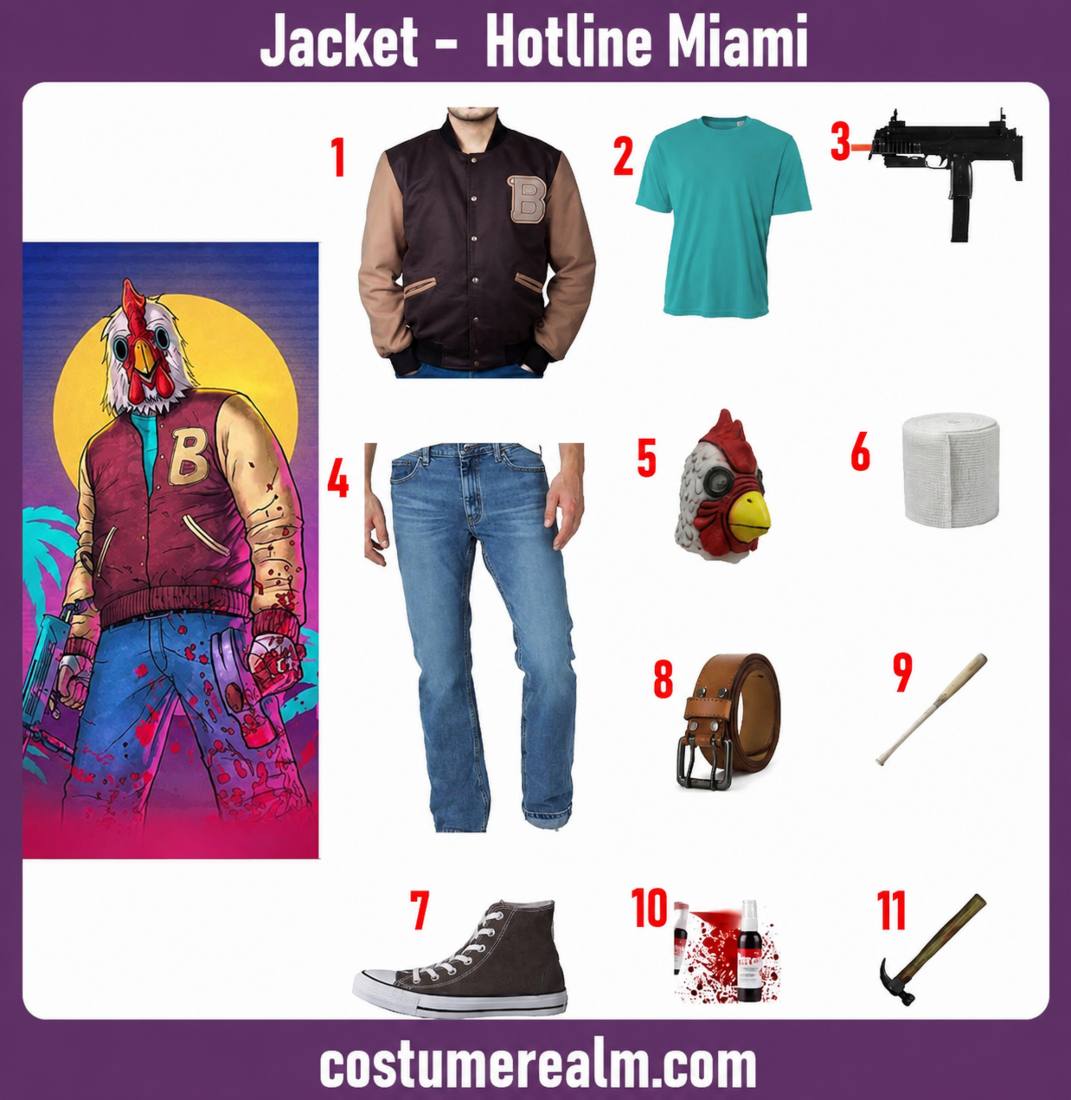 Jacket from Hotline Miami Halloween costume infographic showing varsity letterman jacket, teal tee, rooster mask, jeans, and baseball bat